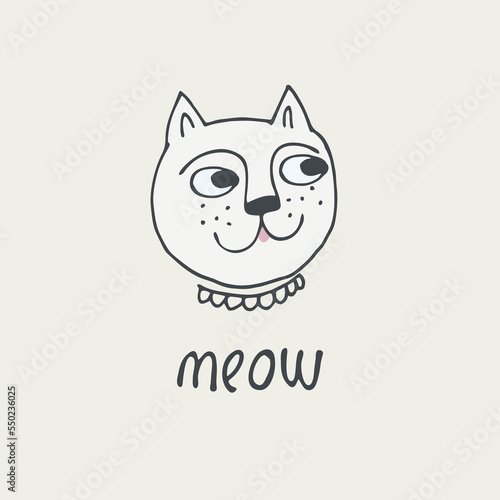 Print with funny cat, avatar, lettering meow and hearts. Valentine s day concept. Perfect for kids. Made of vector illustrations in cartoon, sketch style