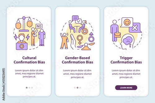 Confirmation bias examples in hiring onboarding mobile app screen. Walkthrough 3 steps editable graphic instructions with linear concepts. UI, UX, GUI template. Myriad Pro-Bold, Regular fonts used
