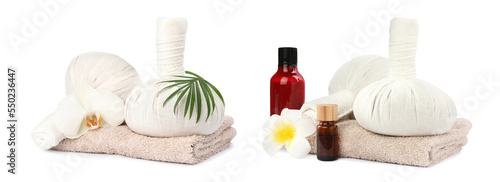 Set with herbal massage bags and different spa supplies on white background. Banner design