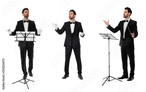 Collage with photos of professional conductor with baton on white background