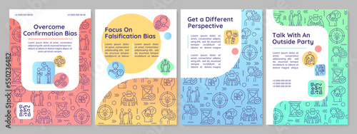 Ways to minimize confirmation bias brochure template. Leaflet design with linear icons. Editable 4 vector layouts for presentation, annual reports. Quicksand-Light, Myriad Pro fonts used