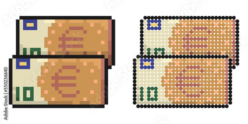 Pixel icon. Bundle of euro bills. Saving money and using cash. Simple retro game vector isolated on white background