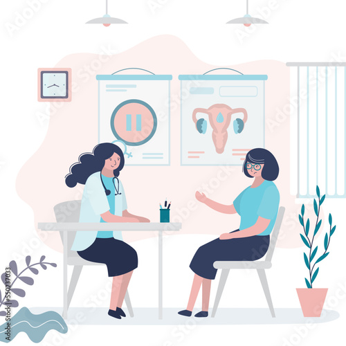 Woman at a medical appointment with gynecologist. Female patient discusses reproductive problems and menopause with the doctor. Health care, medical office interior.