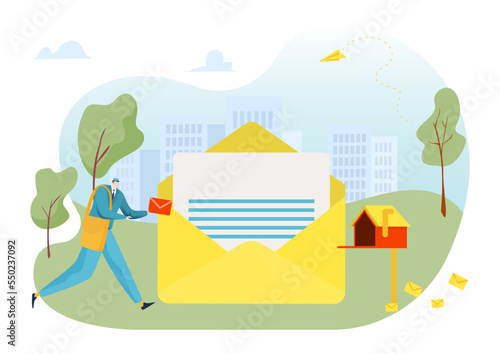 Postman character man running hold message letter, tiny mailman fast delivery mail flat vector illustration, isolated on white.