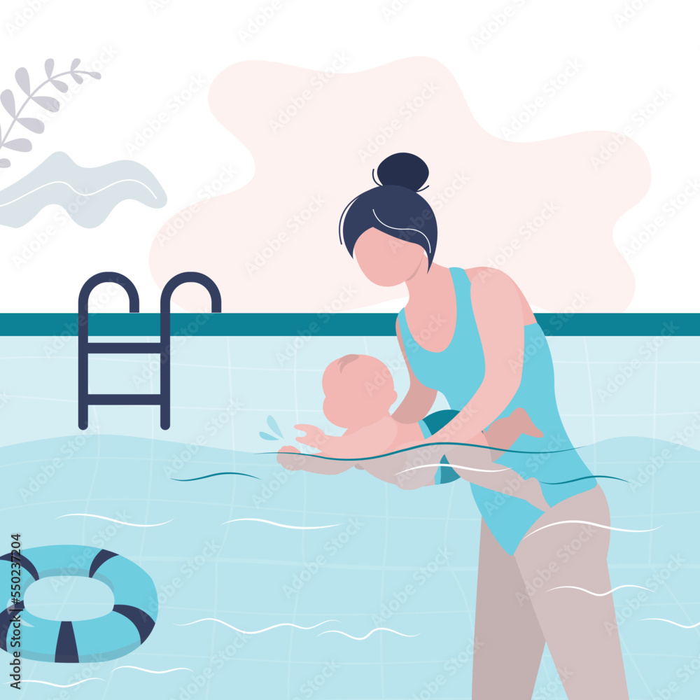 Obraz premium Cute woman holds small child and teaches to swim in the pool. Mom with baby learn to swim, lesson in pool. Family learning, activity for newborn. Sport, hobby.