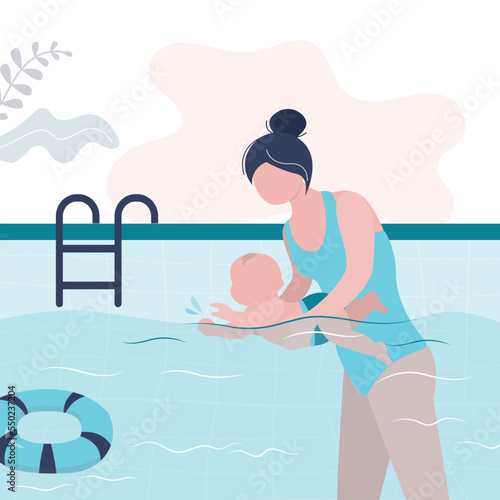 Cute woman holds small child and teaches to swim in the pool. Mom with baby learn to swim, lesson in pool. Family learning, activity for newborn. Sport, hobby.