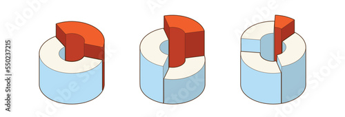 Donuts, Pie chart icons, isolated on the background. 3d, Isometric Diagram vector illustration. Pie chart infographic, plastic texture pie chart with different colors.