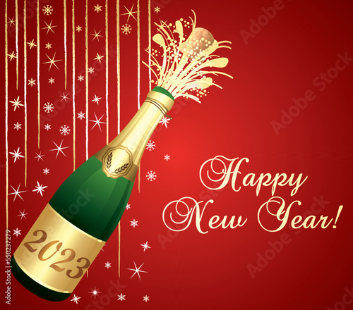 Happy new year ! Red and gold greeting card with champagne and party decorations. Vector illustration.	
