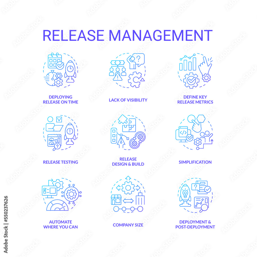 Release management blue gradient concept icons set. Startup launch. Web development process idea thin line color illustrations. Isolated symbols. Roboto-Medium, Myriad Pro-Bold fonts used