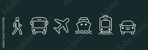 Transport icons. Walk man, Bike, Airplane, Public bus, Train, ShipFerry, and auto signs. Shipping symbol. Air mail delivery sign. Vector