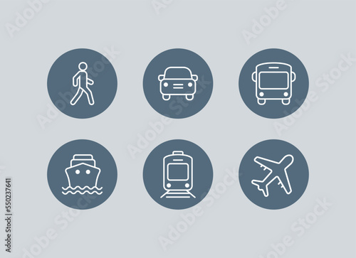 Transport icons. Walk man, Bike, Airplane, Public bus, Train, ShipFerry, and auto signs. Shipping symbol. Air mail delivery sign. Vector photo