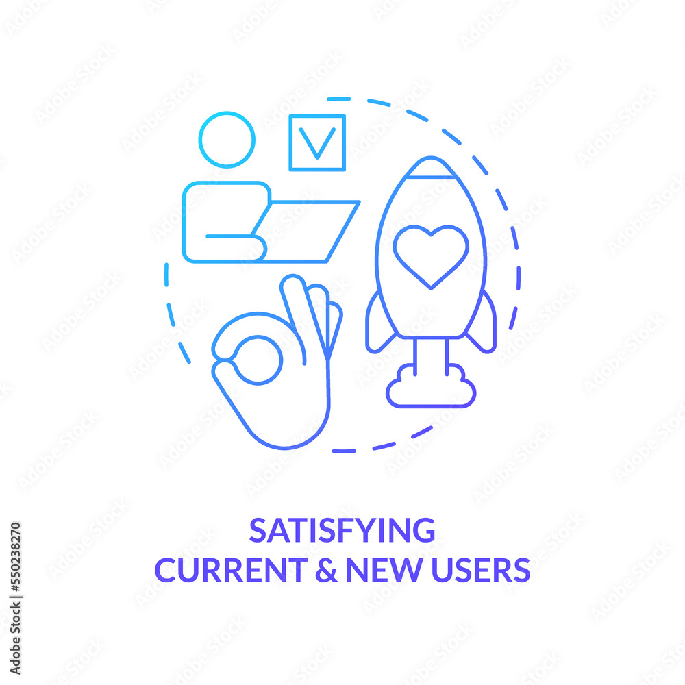 Satisfying current and new users blue gradient concept icon. Key performance indicator for release management abstract idea thin line illustration. Isolated outline drawing. Myriad Pro-Bold font used Satisfying current and new users blue gradient concept icon. Key performance indicator for release management abstract idea thin line illustration. Isolated outline drawing. Myriad Pro-Bold font used
