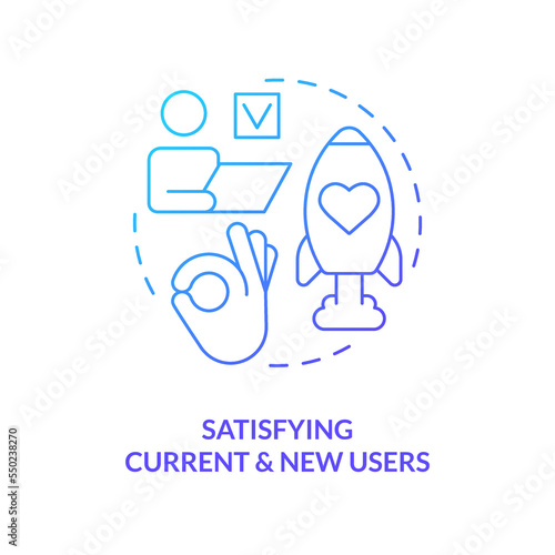 Satisfying current and new users blue gradient concept icon. Key performance indicator for release management abstract idea thin line illustration. Isolated outline drawing. Myriad Pro-Bold font used
