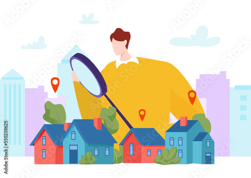Real estate male agent hold magnifying glass, search property apartment house flat vector illustration, residential area region. © Vectorwonderland