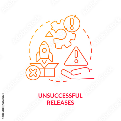 Unsuccessful outputs red gradient concept icon. Software development. Release management challenge abstract idea thin line illustration. Isolated outline drawing. Myriad Pro-Bold font used