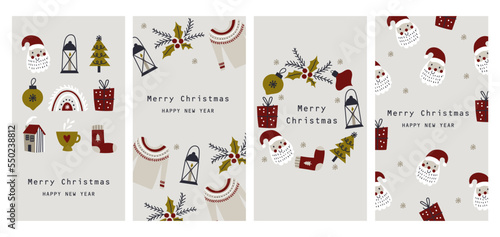 Christmas and New year cards with Christmas tree, wreath, christmas elements. Vecto