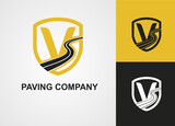 Initial V Letter with Street Asphalt, Paving and Shield for Construction Business Logo Template idea. Maintenance Roadwork