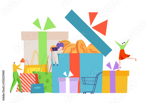 Fashion shop reward program, boutique promotion system gift, tiny character sitting on gift box flat vector illustration, isolated on white.