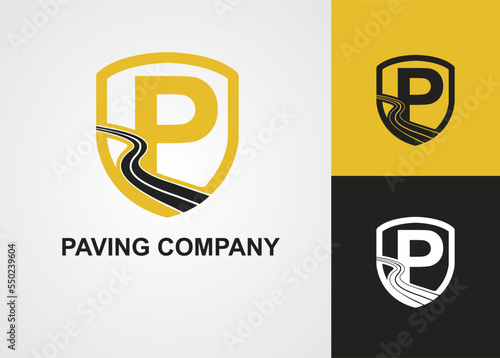 Initial E Letter with Street Asphalt, Paving and Shield for Construction Business Logo Template idea. Maintenance Roadwork