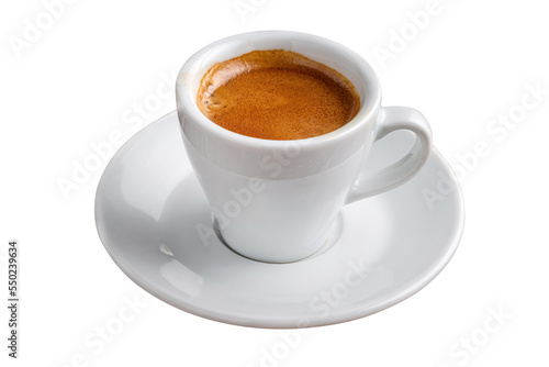 Fresh espresso in a white porcelain coffee cup on an isolated white background