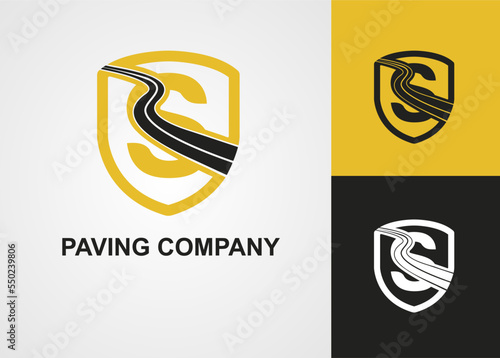 Initial s Letter with Street Asphalt, Paving and Shield for Construction Business Logo Template idea. Maintenance Roadwork