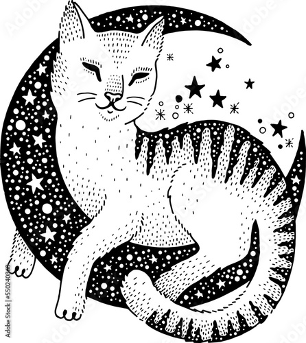 Cat sleeping on the Moon crescent. Mystic witch cosmos anime art. Witchcraft sticker patch in boho style. Vector black line cat. Astrology design print. Magic tattoo. Cute cartoon constellation symbol