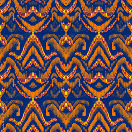 Colorful ikat pattern in vintage style. Elegant ethnic background. Hand drawn oriental art. Seamless geometric vintage texture. 