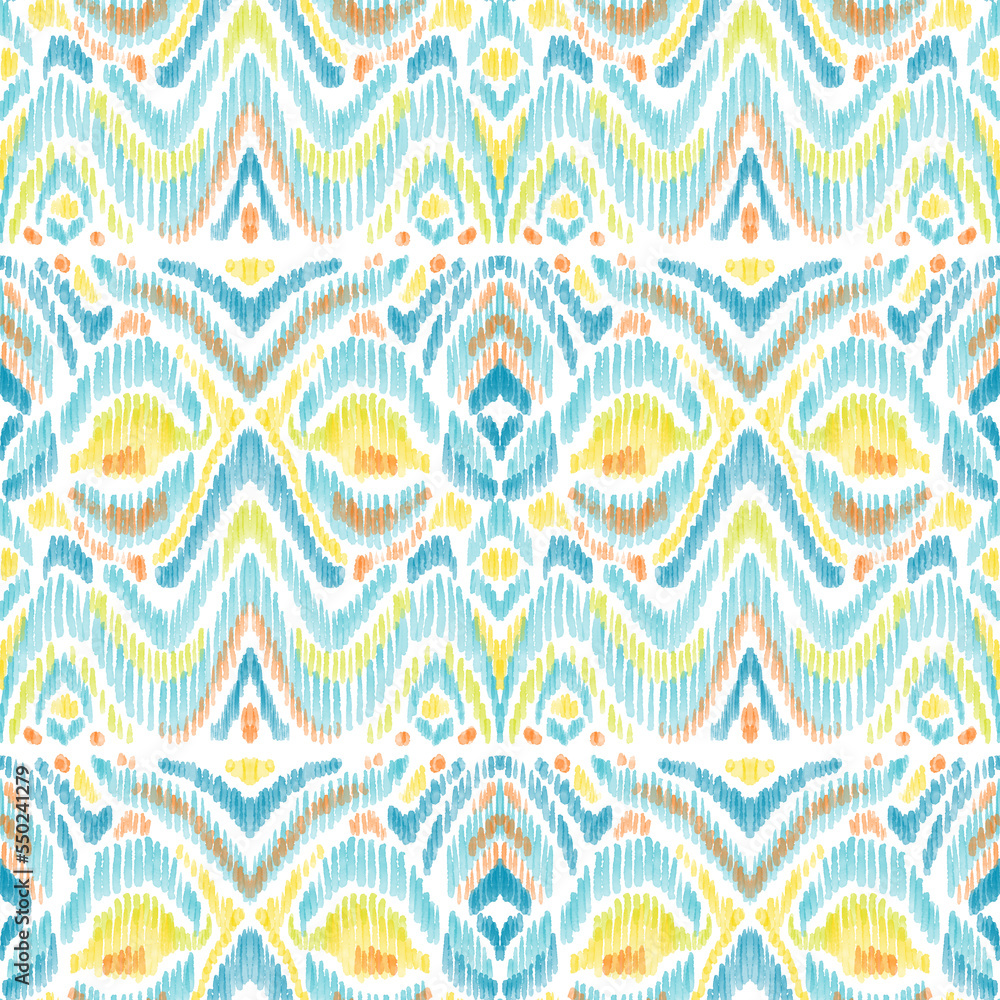 Colorful ikat pattern in vintage style. Elegant ethnic background. Hand drawn oriental art. Seamless geometric vintage texture.	