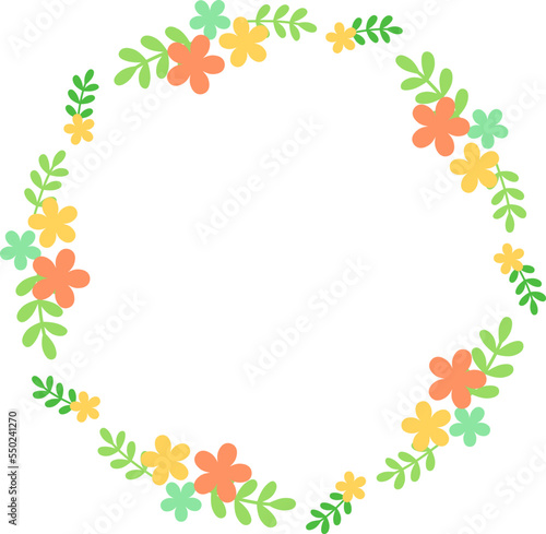 円形のフレーム 丸い葉と花 オレンジ