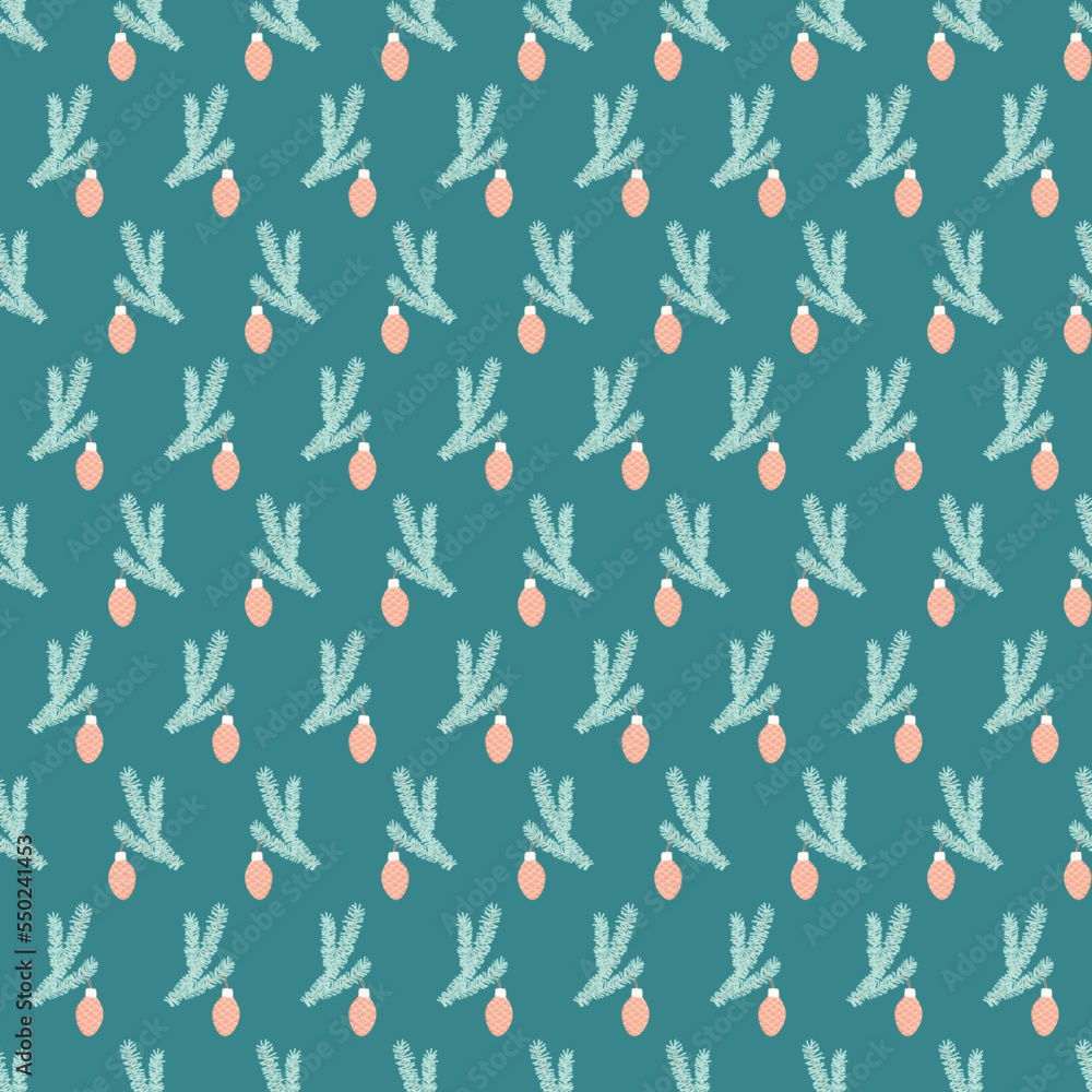 Spruce branch with Christmas ornament. Seamless pattern for holiday season. Festive winter background in turquoise, blue, orange colors. Cute vector illustration Spruce branch with Christmas ornament. Seamless pattern for holiday season. Festive winter background in turquoise, blue, orange colors. Cute vector illustration