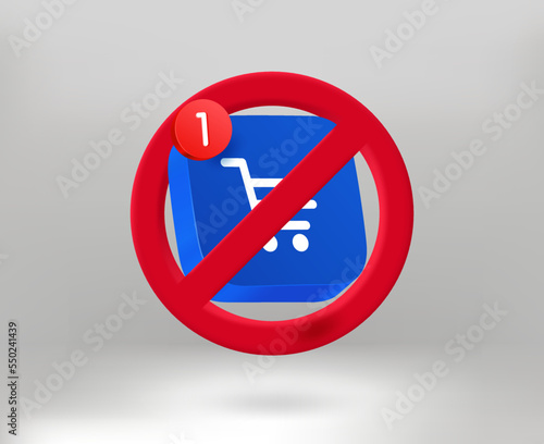 Stop shopping concept with shopping cart icon. 3d vector illustration
