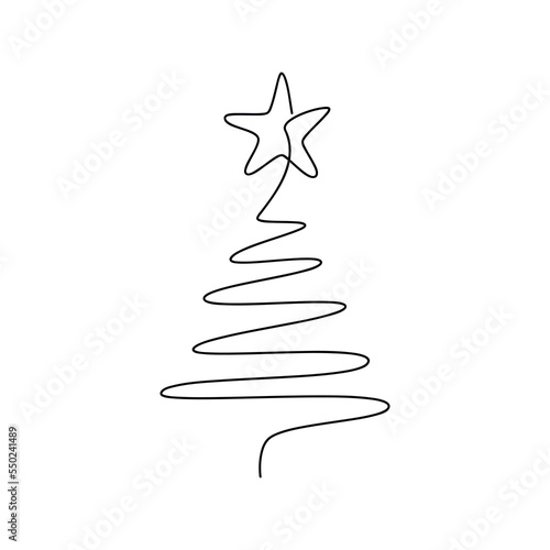 Christmas tree star vector one line continuous illustration. Winter holiday freehand drawing. Hand drawn linear icon. Festive design for print, banner, poster, postcard, New Year greeting card.