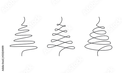 Set of abstract freehand Christmas tree icons vector one line continuous illustration. Winter holiday minimal hand drawing. Festive design, print, poster, postcard, Christmas, New Year greeting card.