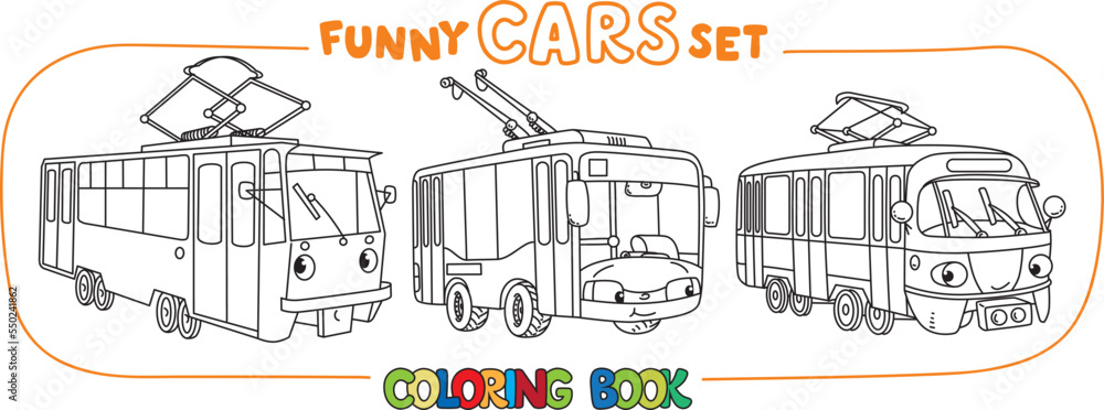 Fototapeta premium Funny small city transport with eyes coloring book