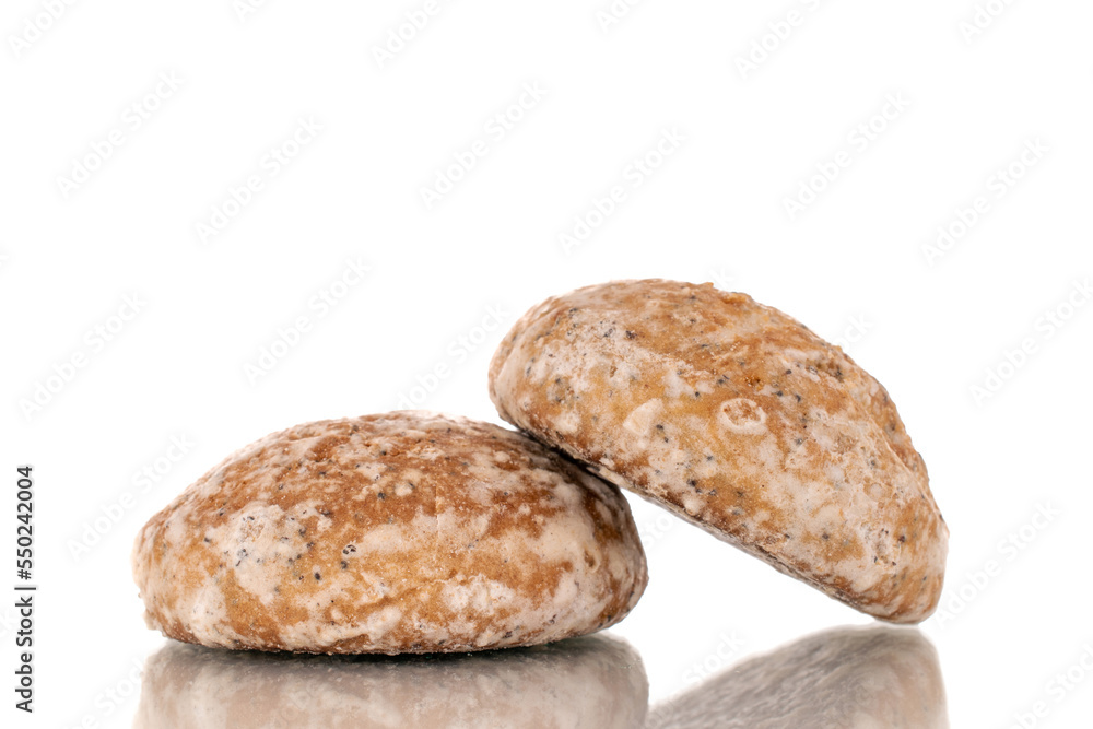 Two sweet tasty gingerbread cookies, macro, isolated on white background. Two sweet tasty gingerbread cookies, macro, isolated on white background.