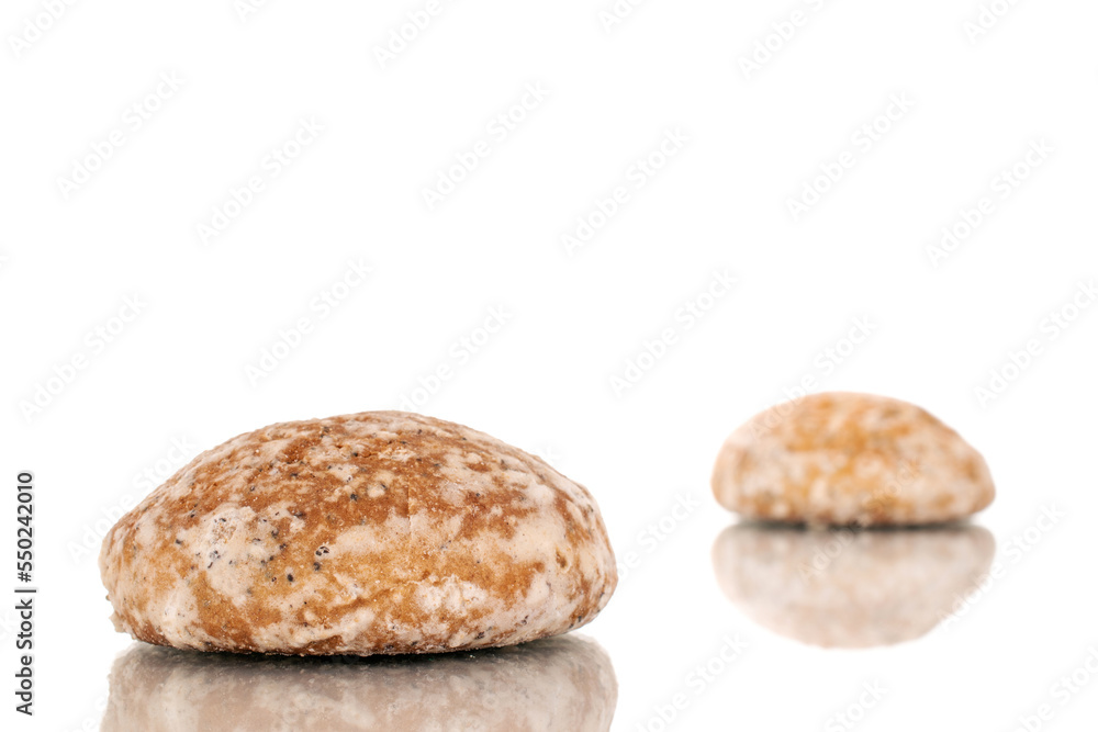 Two sweet tasty gingerbread cookies, macro, isolated on white background. Two sweet tasty gingerbread cookies, macro, isolated on white background.