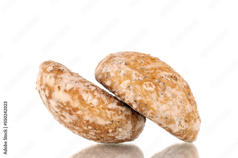 Two sweet tasty gingerbread cookies, macro, isolated on white background. Two sweet tasty gingerbread cookies, macro, isolated on white background.