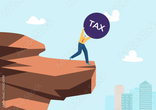 Concept businessman hold tax text bubble, character man taxation freedom, business assistance flat vector illustration banner.