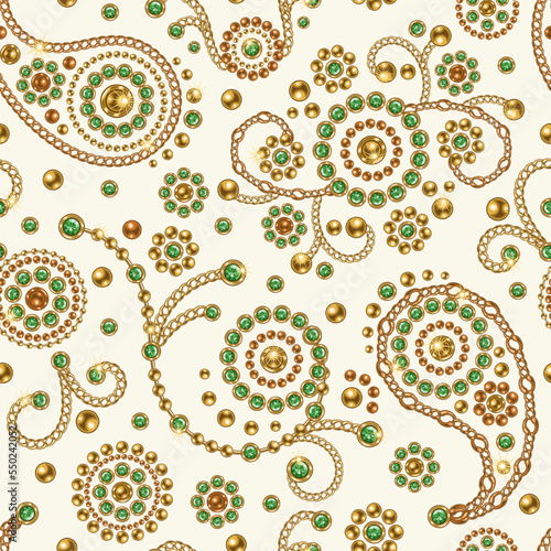 Seamless jewelry pattern with paisley ornament, elements made of chains with swirls in vintage style White background. Vector illustration. Good for clothing, apparel, fabric, textile, surface design.