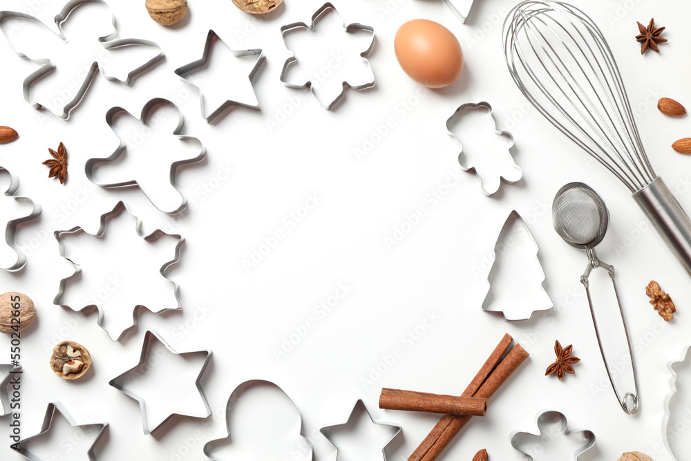 Concept of cooking tools, cookie cutters, top view Concept of cooking tools, cookie cutters, top view