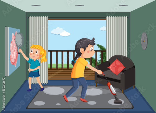 Two kids cleaning living room