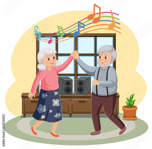 Senior couple dancing at home