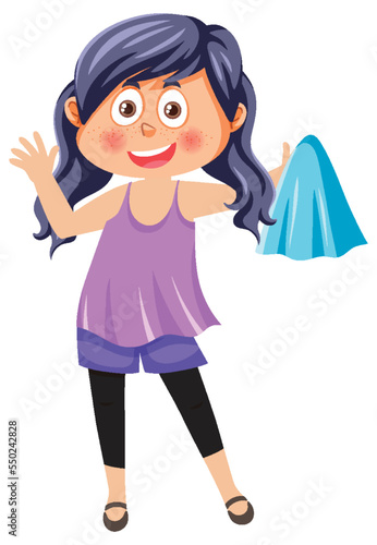 Cartoon girl holding rag for cleaning
