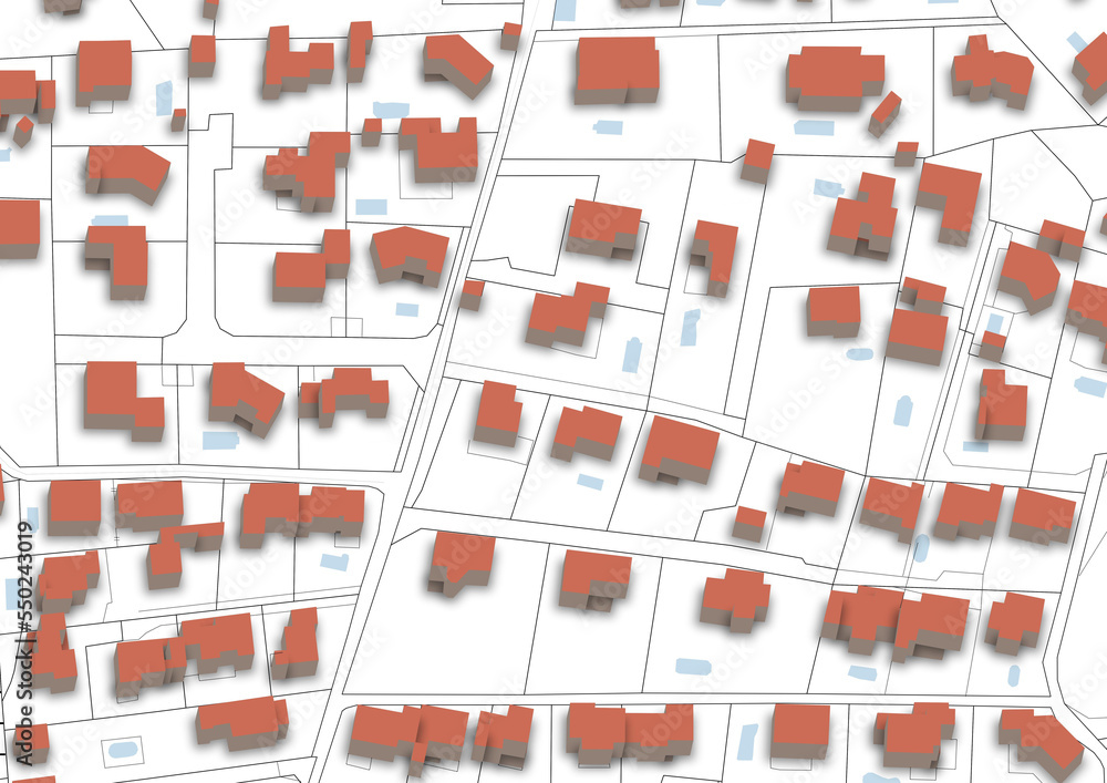 Obraz premium Urbanisme et territoire - rendu 2d projet immobilier sur plan cadastral avec bâtiments 3d