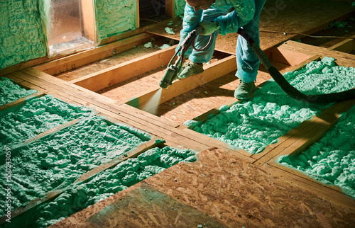 Quadro su tela Male builder insulating wooden frame house