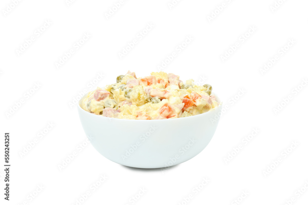 Concept of New year food, Olivier salad, isolated on white background Concept of New year food, Olivier salad, isolated on white background