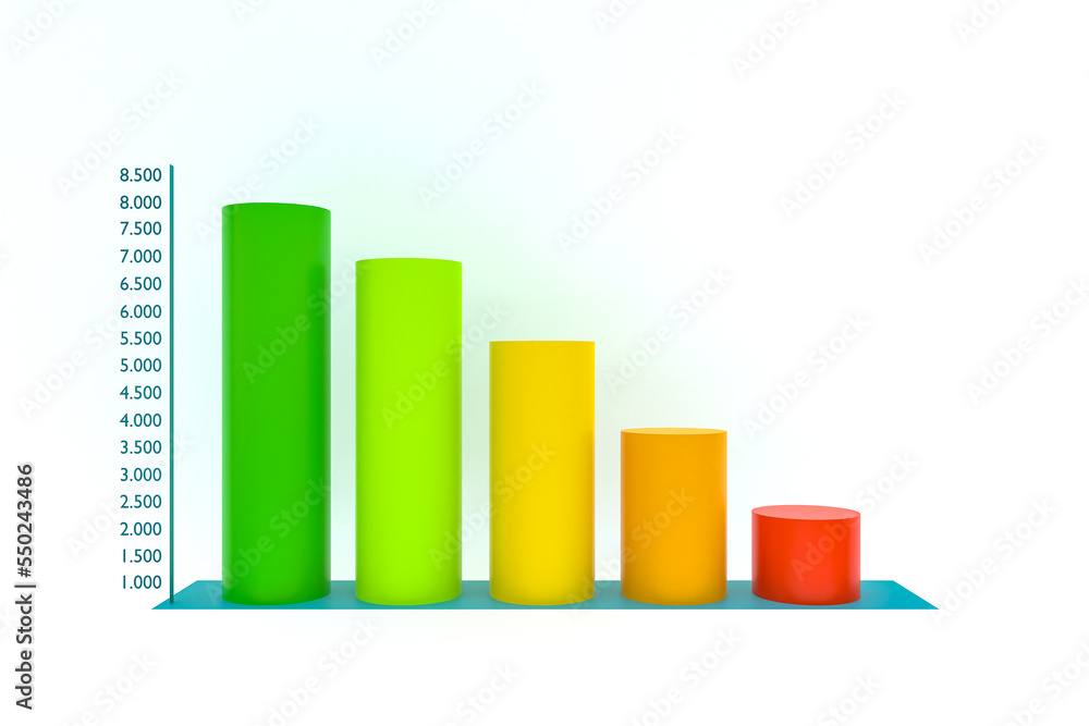 Bar chart moves down. Colored bar chart with percentages signs and falling columns. Business shrinks, financial figures, market date, revenues and financial report. 3D illustration Bar chart moves down. Colored bar chart with percentages signs and falling columns. Business shrinks, financial figures, market date, revenues and financial report. 3D illustration