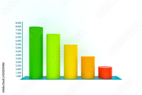 Bar chart moves down. Colored bar chart with percentages signs and falling columns. Business shrinks  financial figures  market date  revenues and financial report. 3D illustration