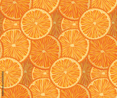 Vector seamless pattern with orange slices. Dense texture with juicy fruit. Summer background with delicious fruits