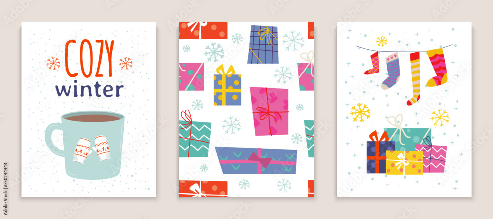 Concept winter element card set, hot cozy tea and coffee cup, christmas holiday greeting poster flat vector illustration. Concept winter element card set, hot cozy tea and coffee cup, christmas holiday greeting poster flat vector illustration.